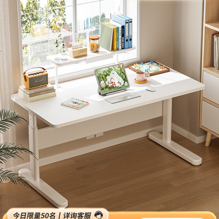 Qingjie Children's Study Table Solid Wood Desk Large White Table Student Home Liftable Desk Youth Writing Desk and Chair