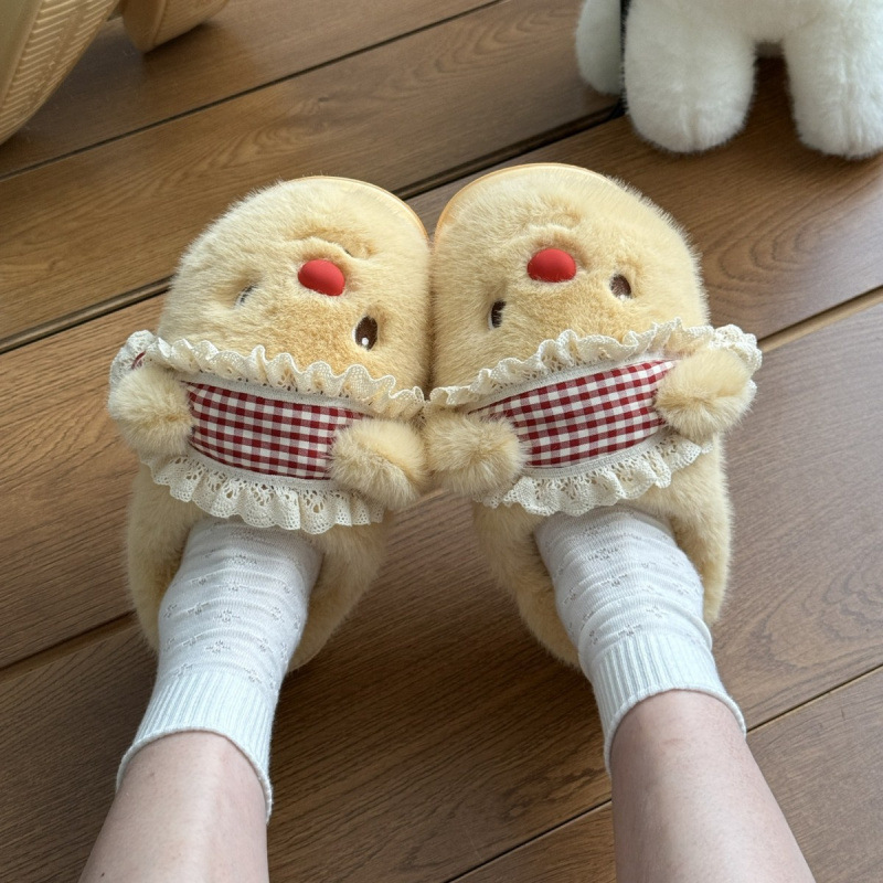 Tiktok Popular Bear Cotton Slippers for Women, Autumn and Winter Home Warm Plush Slippers, Indoor Home Plush Slippers