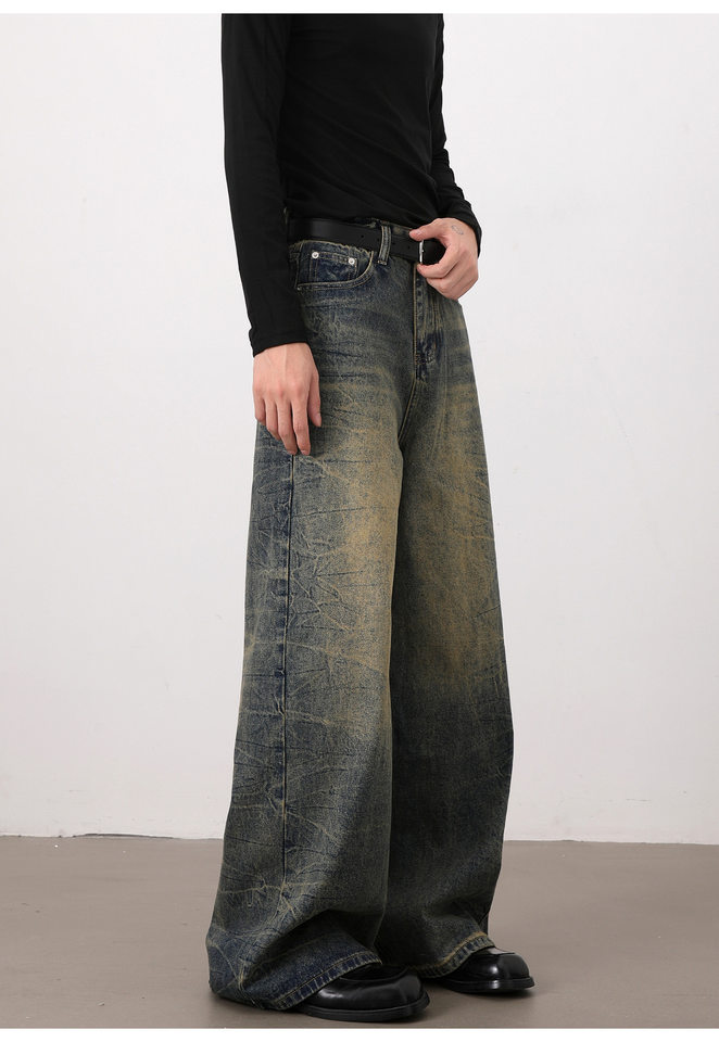 Quần jeans nam dáng rộng ống suông phong cách retro Mỹ, râu mèo xanh, giặt mài làm cũ — Xanh cổ điển chi tiết 13