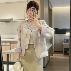 新中式国风刺绣缎面圆领外套女春秋新款复古撞色改良汉服上衣