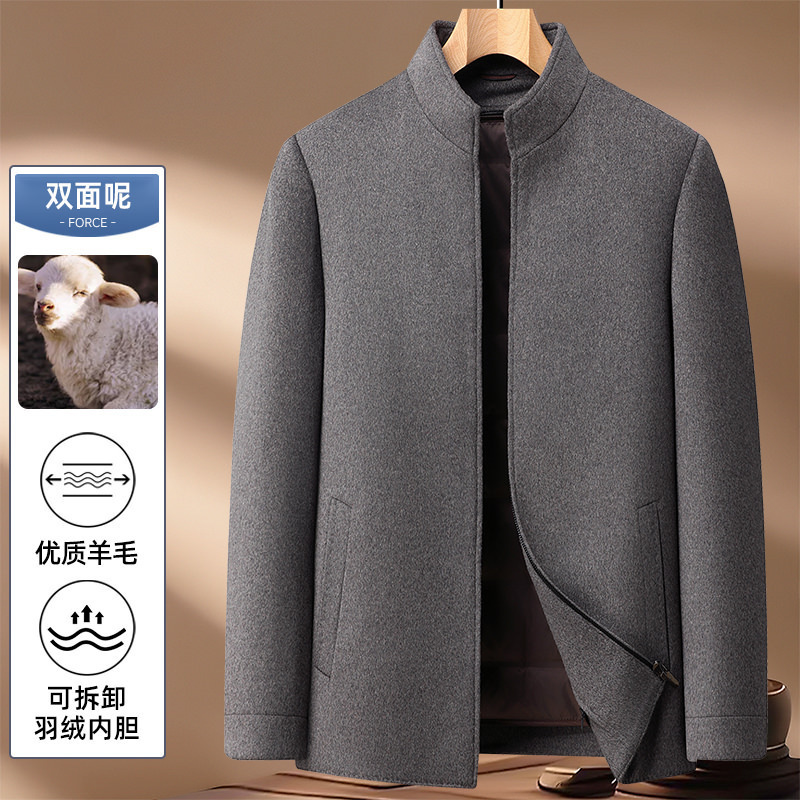 2025 Autumn/Winter Men's Wool Jacket Casual Stand Collar Thickened Double-Sided Wool Coat with down Liner Dm603