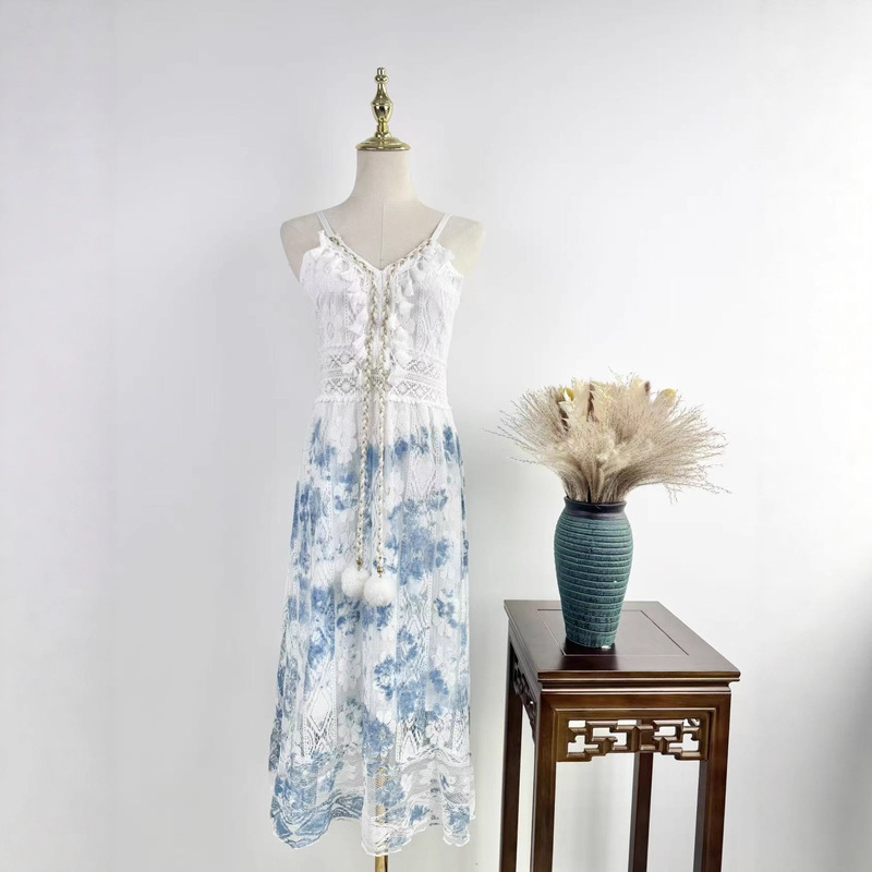 Ethnic Style Fur Ball Suspender Skirt Plant Dyed Blue Handmade Tie-Dyed Blue Dress Literary Mid-Length Skirt Ethnic Style Fur Ball Suspender Skirt Plant Dyed Blue Handmade Tie-Dyed Blue Dress Literary Mid-Length Skirt