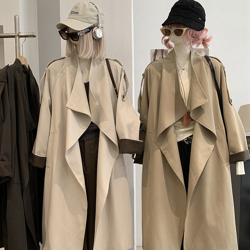KEKEZOON British-style stand-collar mid-length trench coat for women, with a tie waist, slimming effect, and long sleeves, suitable for workwear. 9075