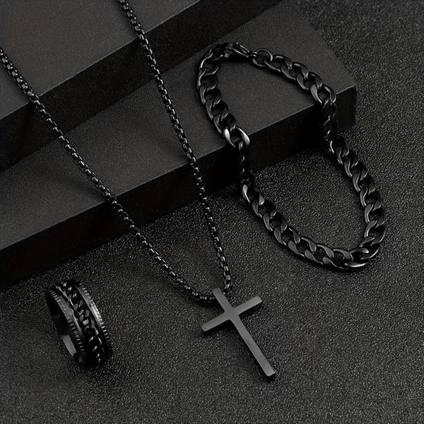 European and American Best-Selling Amazon Shein Temu New Cross Jewelry Chain Ring Bracelet Necklace 3-Piece Set