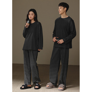 2023 New Couple Pajamas for Men and Women Spring and Autumn Cotton Crewneck Long Sleeve Dark Grey Padded Pants Home Suit
