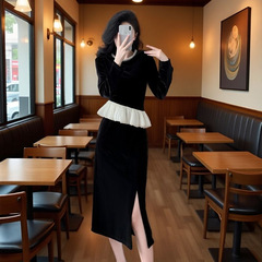 赫小本香风黑色晚礼服名媛复古时尚气质丝绒长袖不规则连衣裙套装