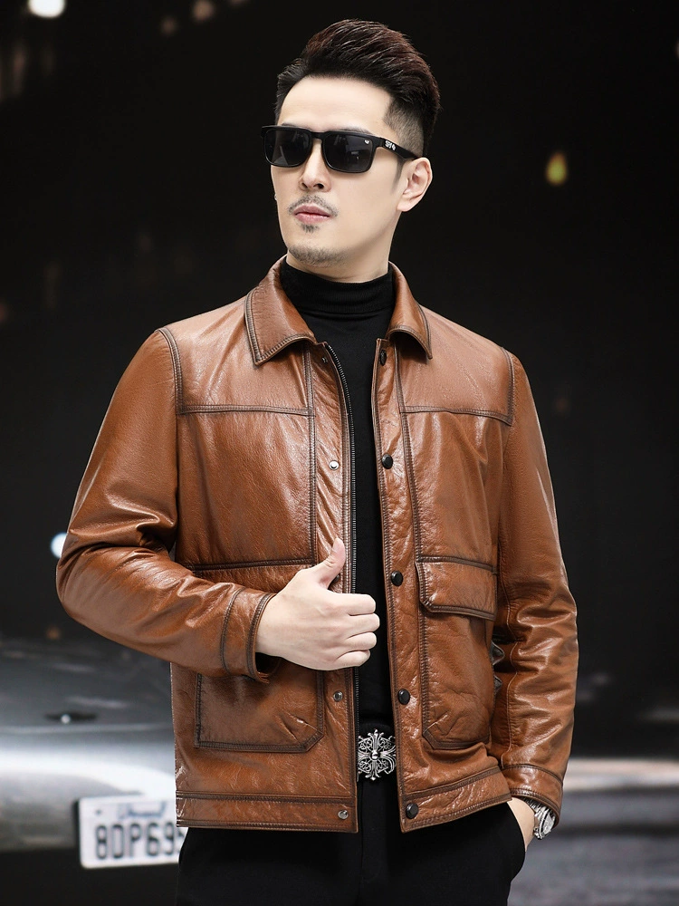 Leather short fitted liner with down, jacket, genuine leather, cowhide