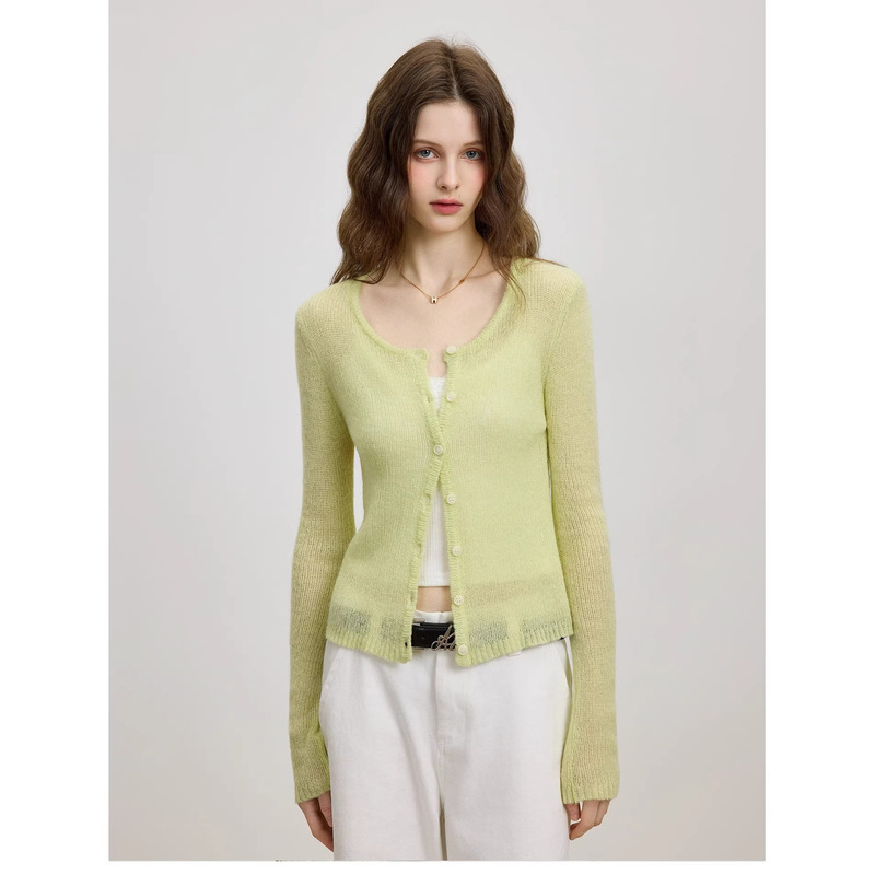 Azmi High-End Light Green Thin Knitted Cardigan for Women Spring and Autumn 2026 New Slim-Fit Short Sun Protection Cover-Up Jacket