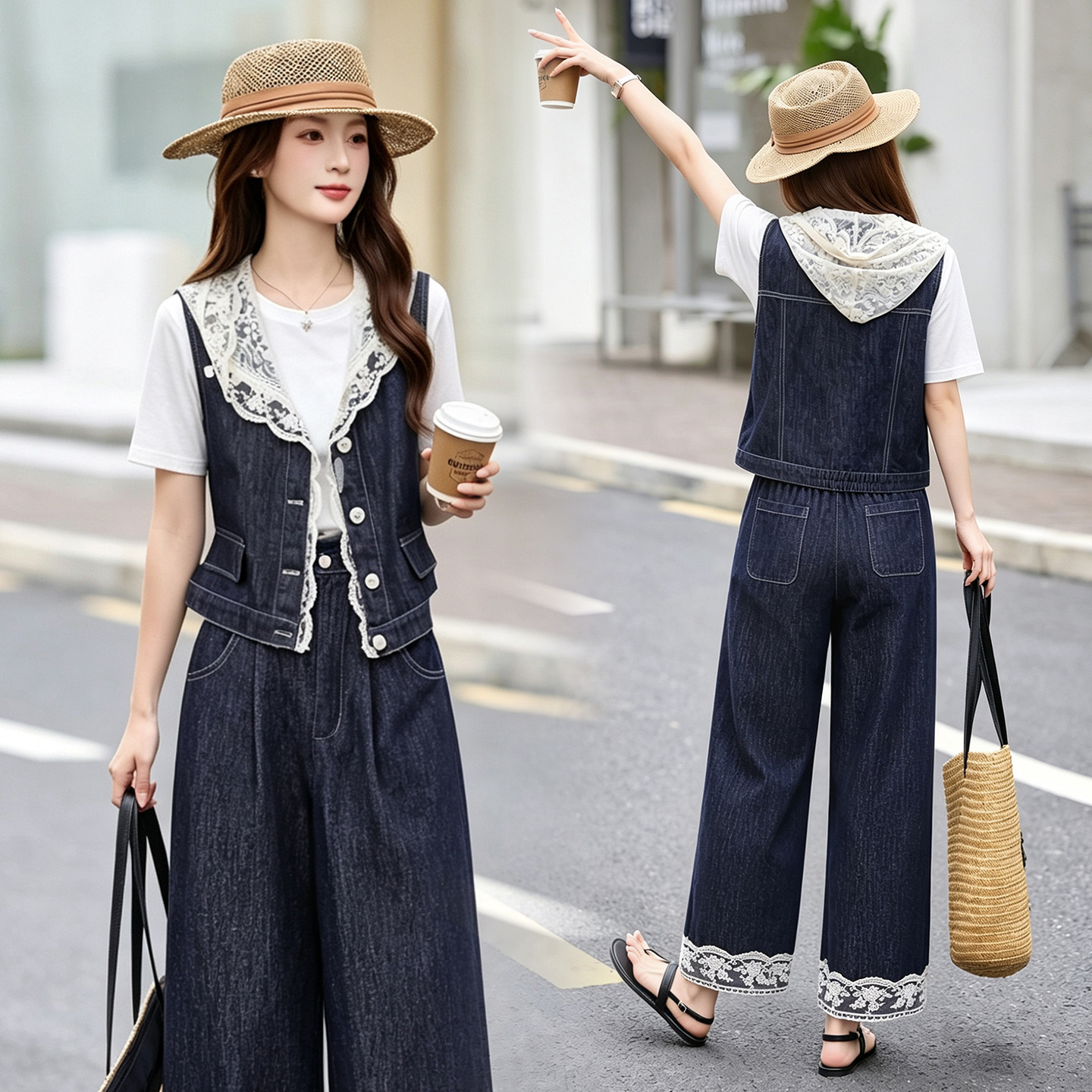 Bộ ba mảnh denim mùa hè 2026: áo khoác không tay mũ liền ren + áo thun + quần ống suông — Màu ảnh