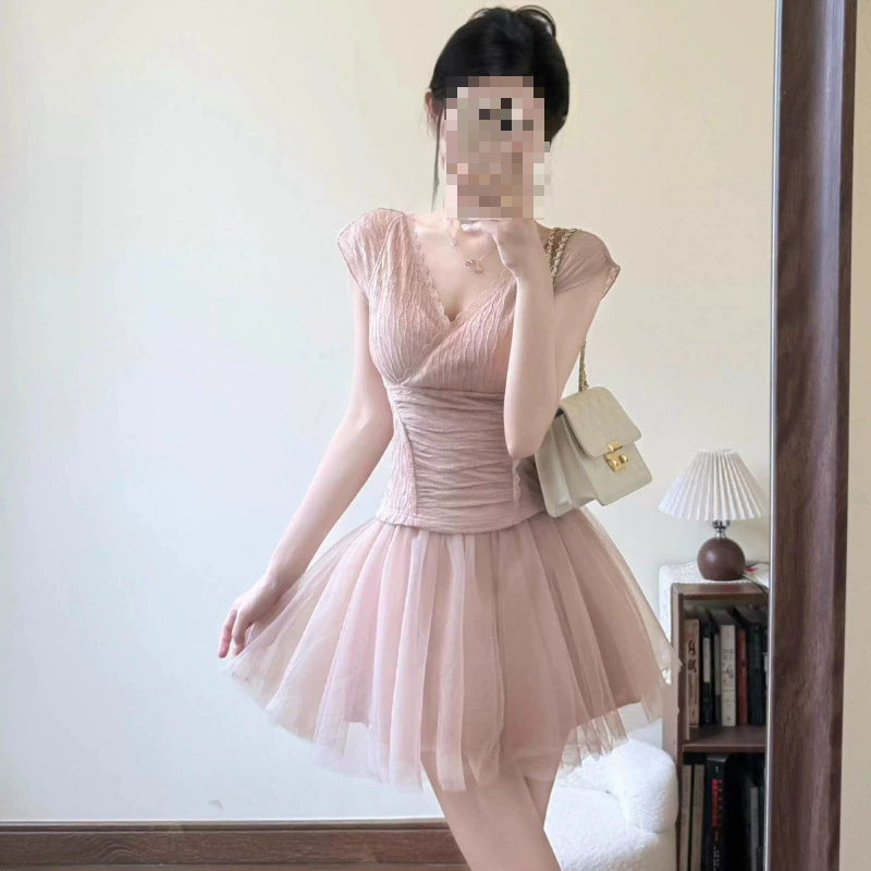 Чистая страсть, корейский стиль, новый кружевной темпераментный тонкий короткий топ, летняя сетчатая короткая юбка с высокой талией, костюм