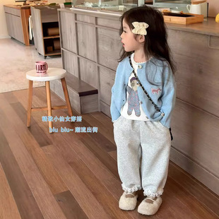 Korean Children's Clothing Ins Girls Pure Color Cardigan Sweater 2025 Autumn Casual Versatile Sports Sweatpants Fashionable and Stylish