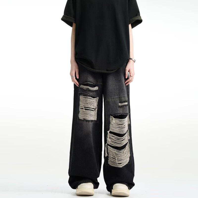 American Retro Ripped Jeans for Men, Spring and Autumn, Washed Vintage Loose Wide-Leg Straight Floor-Length Trendy High Street Pants