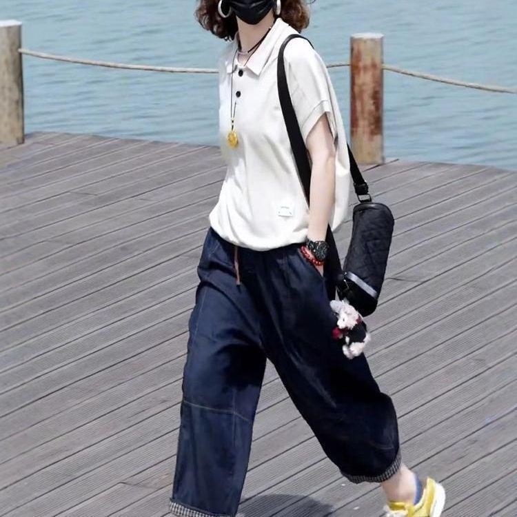 两件套装女2025年夏季新款领后背印花短袖上衣薄款牛仔八分裤|undefined