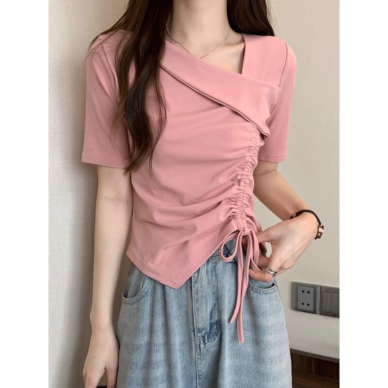 Xia Xiazhong Irregular Slant Collar Shoulder Drawstring Short-sleeved T-shirt New Cotton Design Sense Slim Tops for Women A3577