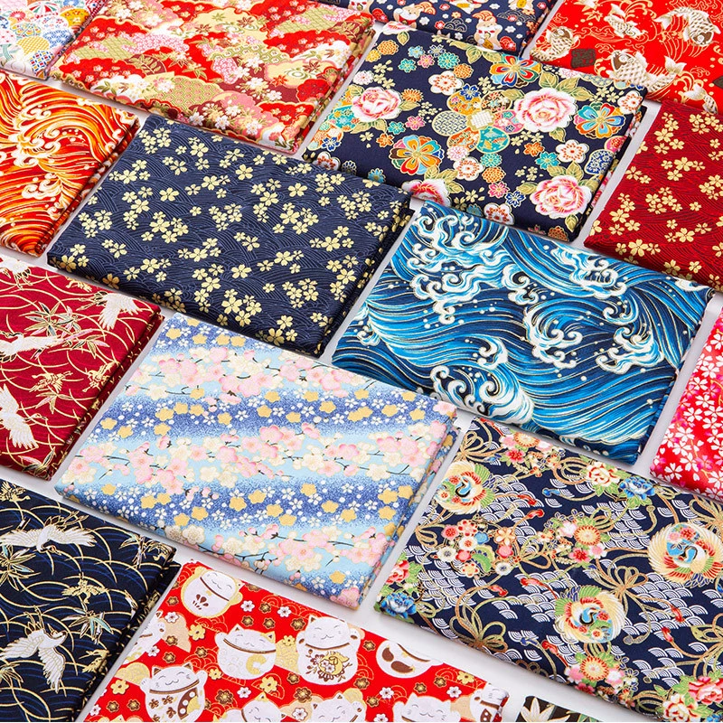Остатки ткани с золотым тиснением в японском стиле, полностью хлопчатобумажная одежда ручной работы с принтом, скатерти, распродажа ткани из чистого хлопка.