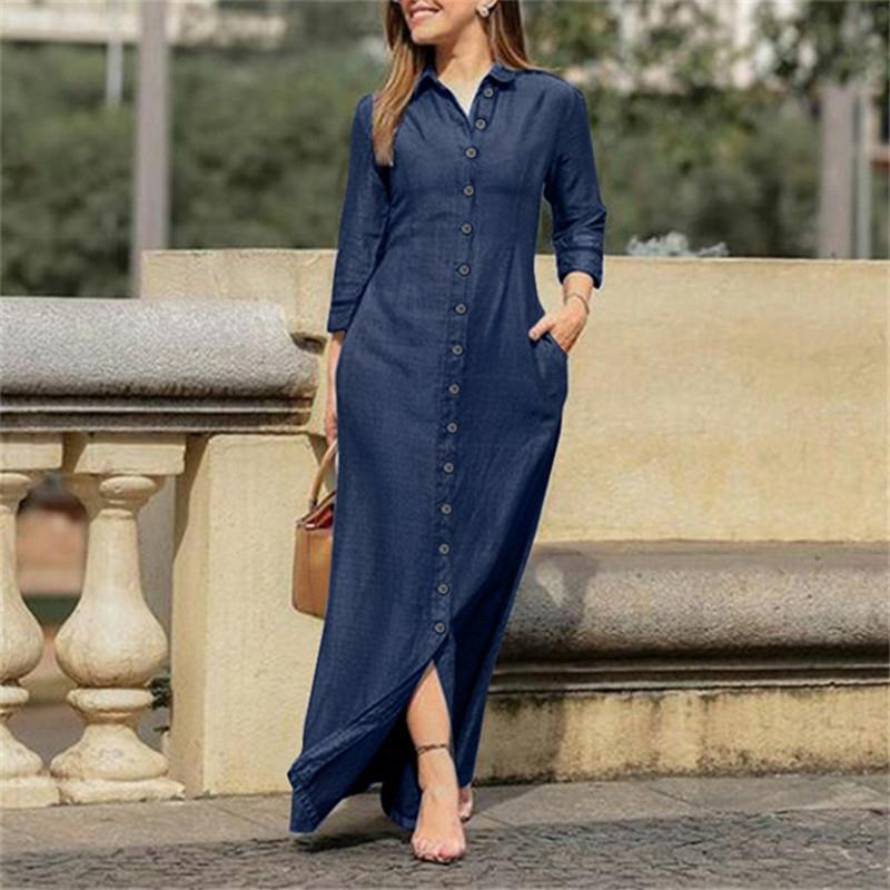 Frau Denim-kleid Lässig Hemdkragen Tasche Lange Ärmel Einfarbig Maxi Langes Kleid Täglich display picture 2