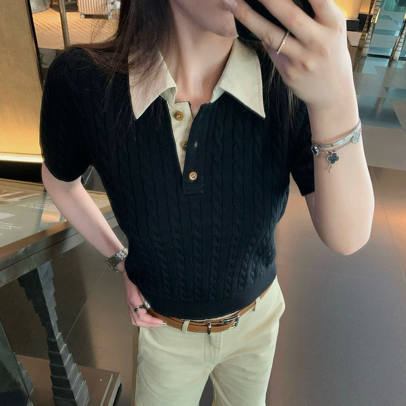 Ivy Style Retro Polo Collar Cable-Knit Short-Sleeve Wool Sweater Old Money Slim-Fit Top Ivy Style Retro Polo Collar Cable-Knit Short-Sleeve Wool Sweater Old Money Slim-Fit Top