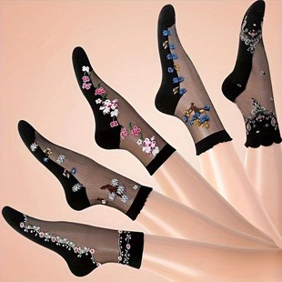 European and American Explosions Women's Mid-barrel Crystal Stockings Spring and Summer Thin Embroidered Glass Silk Women's Socks Middle-aged and Elderly Anti-slip Socks