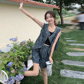 实拍酷飒拽姐印花牛仔套装女夏季时尚洋气显瘦无袖马甲短裤两件套