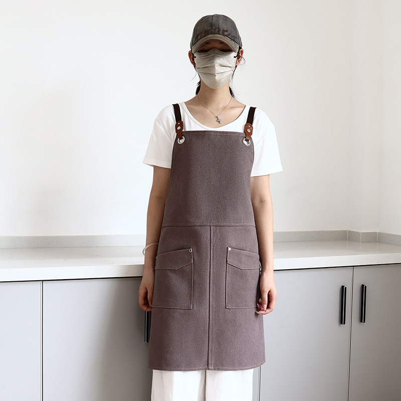 제조업체 맞춤형 앞치마 도매, 두꺼운 캔버스 작업복, 양쪽 어깨끈이 있는 커피숍/레스토랑용 민소매 앞치마
