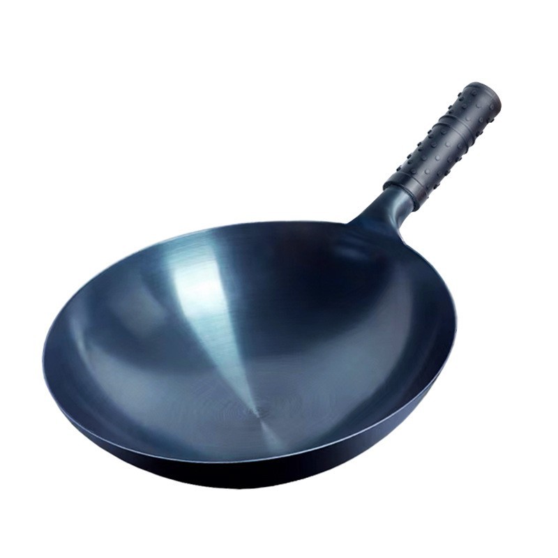Wok de hierro fundido Zhangqiu para cocinar, sin recubrimiento antiadherente, hecho a mano estilo antiguo, integrado para cocina occidental, con mango de madera, para uso doméstico, venta al por mayor