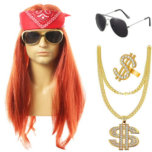 Amazon Halloween 80s Punk Hippie Black Long Curly Hair Wavy Wig European and American Men's Rock Hair