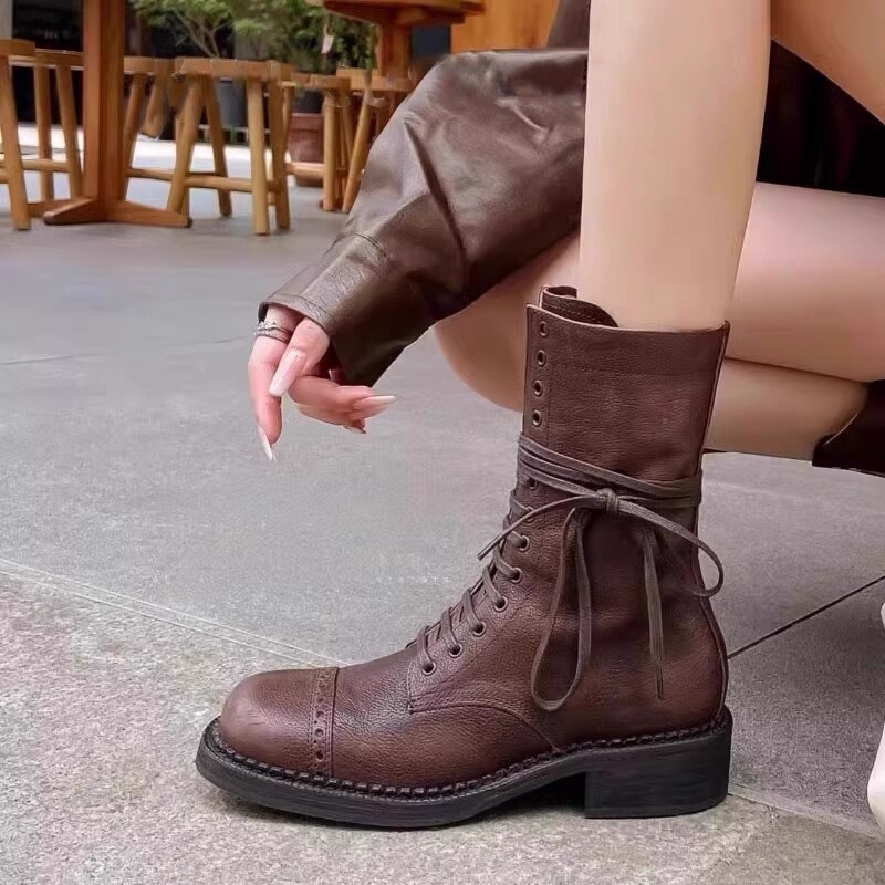 牛皮葡萄妈同款真皮马丁靴女秋冬美拉德西部靴粗跟中筒复古短靴子|undefined