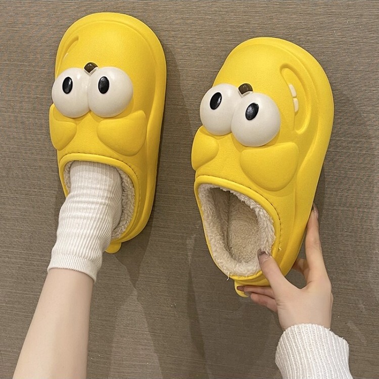 New Autumn and Winter Cute Big-Eyed Dog Cotton Slippers for Women Indoor Home Fleece-Lined Warm Waterproof Toe-Cap Slippers