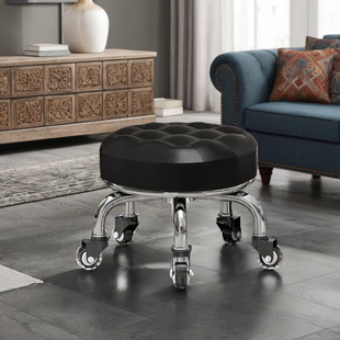 Stainless Steel Integrated Wheel Rotating Floor Scrubbing Low Stool with Backrest for Nail Art and Pedicure