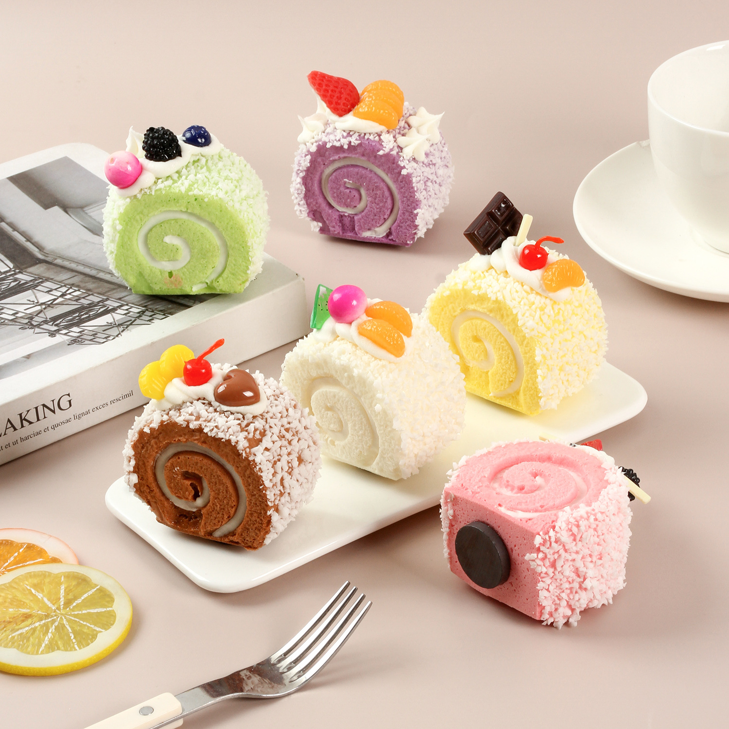 PU simulated food Swiss roll fridge magnet, fruit cake roll, simulated dessert bread decoration ornament, photography prop
