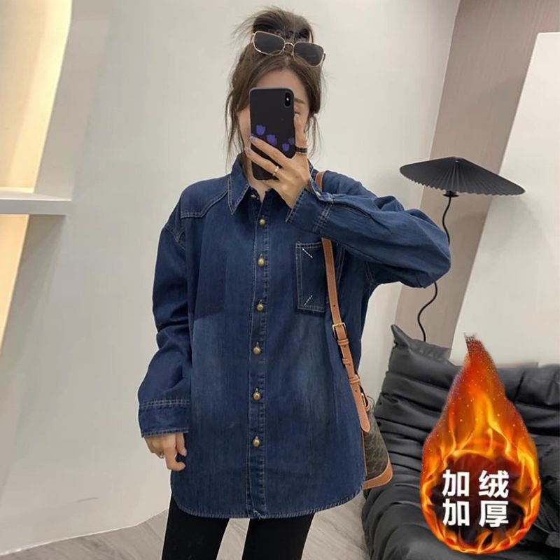 复古加绒加厚牛仔衬衫女秋冬大码胖人叠穿外穿正肩衬衣中宽松外套|undefined