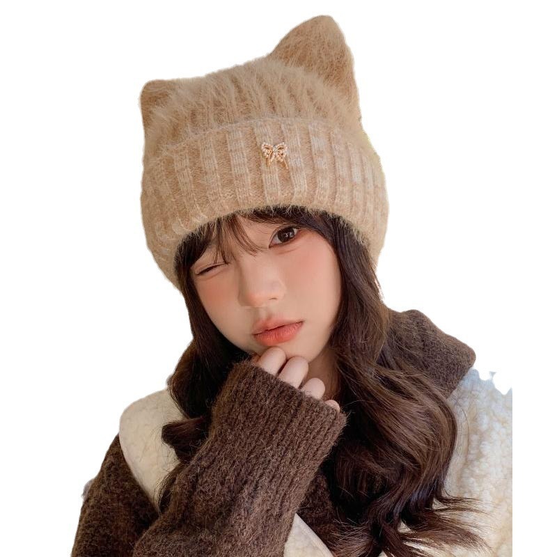 可爱猫耳朵毛线帽子女秋冬季新款加厚保暖户外防寒百搭针织帽批发|undefined