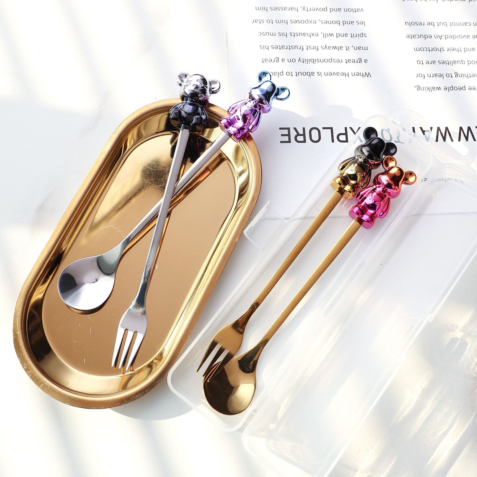 Q Bear Spork Set, Cartoon Bear Fruit Spork, Colorful Space Rabbit Small Spoon, Fluid Bear Tableware Set