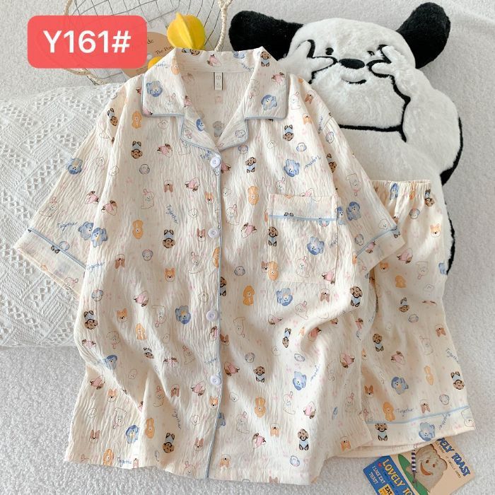Pijamas de algodón de nube al por mayor transfronterizo para mujer nueva rebeca de verano solapa pantalones cortos de manga corta traje de servicio a domicilio dulce y lindo