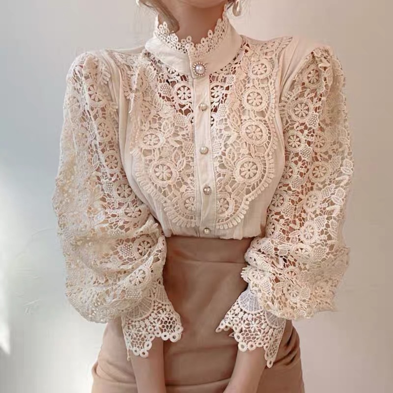 AliExpress French Loose Chic Button Heavy Lace Hollow Flower Patchwork Long Sleeve Stand Collar Shirt