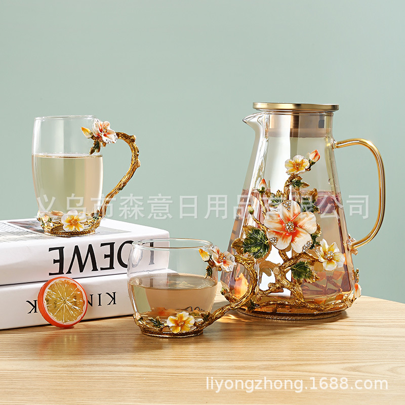 Esmalte taza de agua de color flor creativa taza de té taza de jugo taza de vidrio de cristal resistente al calor taza de café taza de pareja de gama alta regalo de la taza