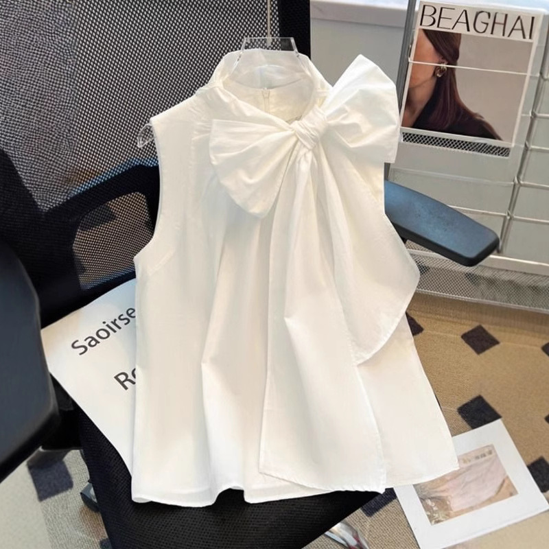 French Rich Family Girl White Bow Sleeveless Shirt Women's High-end Design Sense Loose Belly Covering Vest Top for Summer