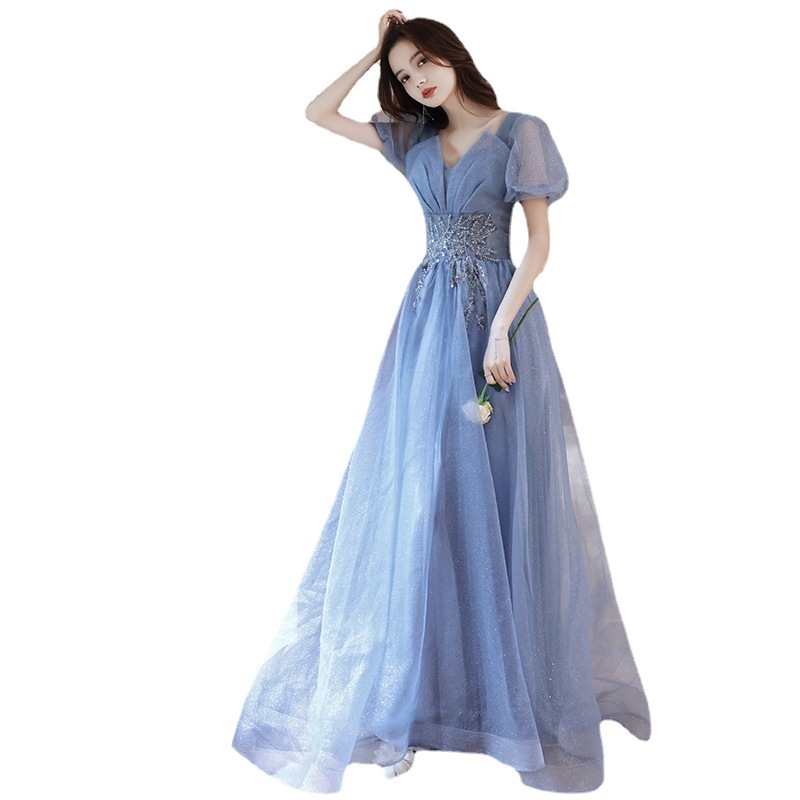 Blue Evening Dress for Women 2025 New Style French Long Annual Meeting Host Dress