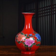 中国红陶瓷摆件 新年喜气牡丹花鸟装饰复古花瓶乔迁新房结婚礼品