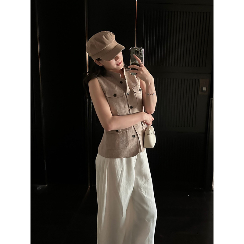 Yuanpai Stand-Collar Single-Breasted Vest Cardigan 2026 Spring Commuter Linen Sleeveless Vest Top W3024