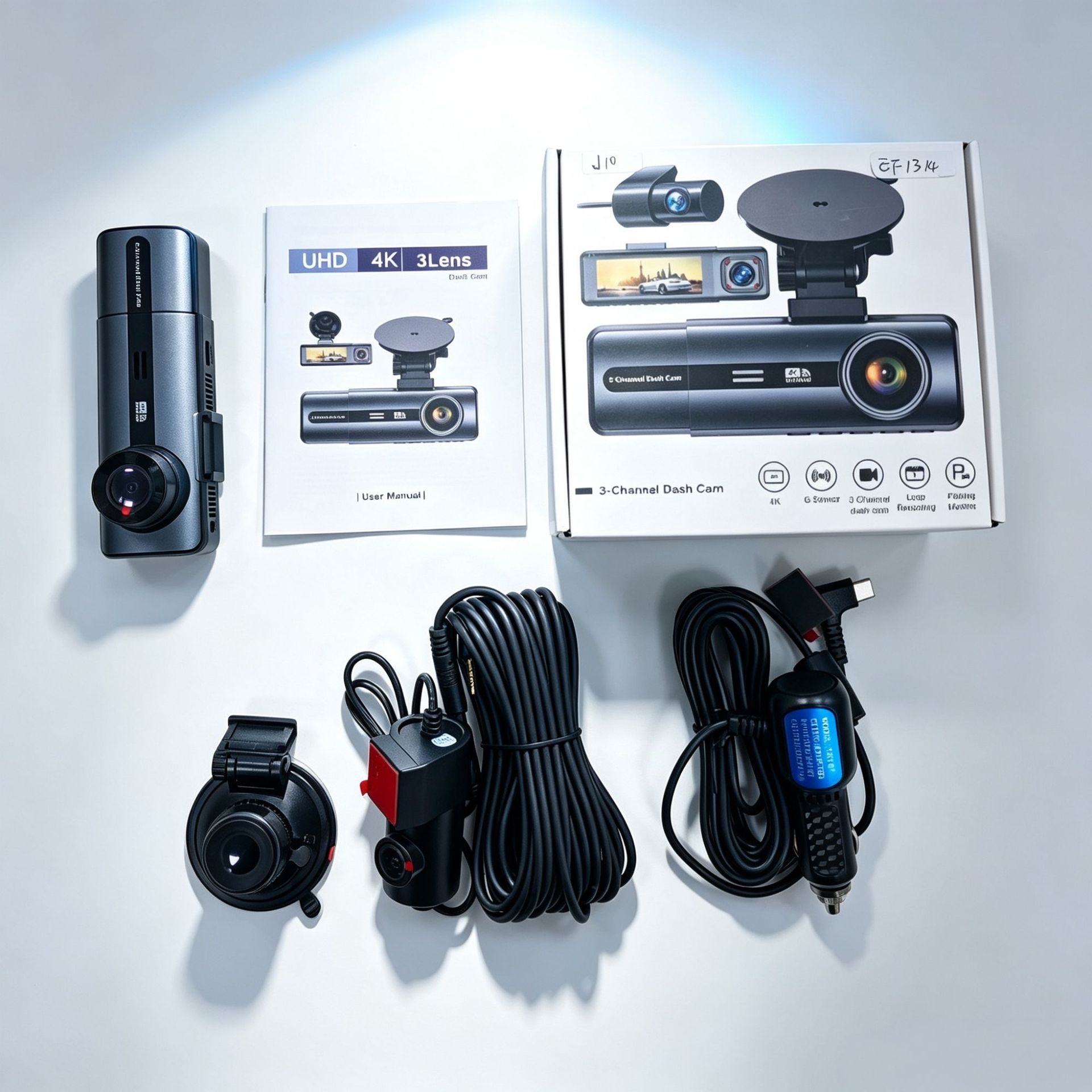 4K Ultra HD Triple-Camera Dash Cam with Wide-Angle Night Vision and Parking Monitoring, Complete Set of Accessories