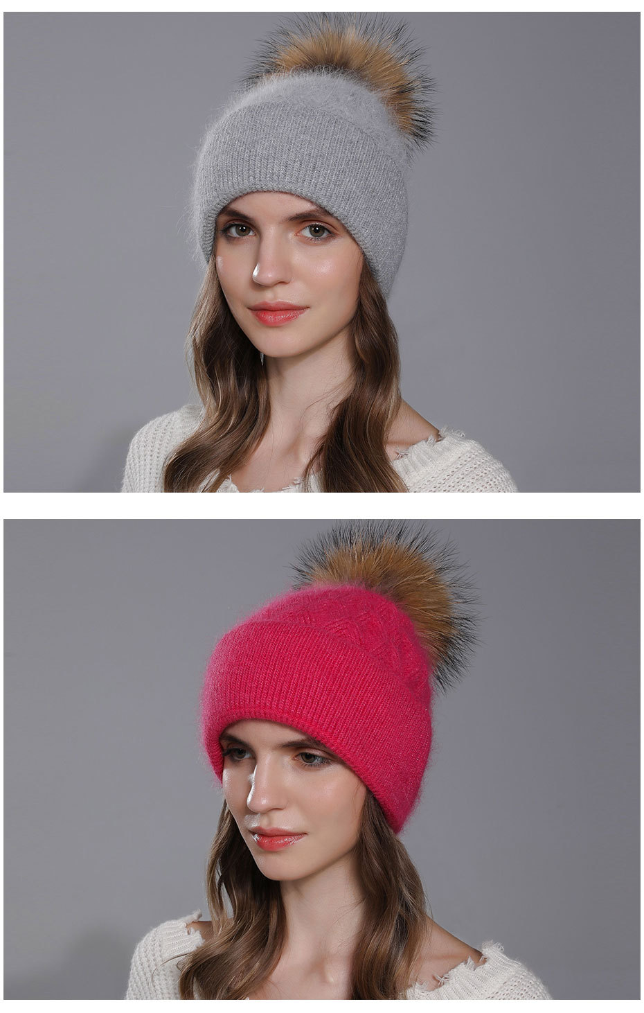 Nuevo Gorro de lana con pelo de conejo Angora tejido para mujer, giros de masa frita para invierno, gorro de lana con brida de doble capa, Bola de pelo de perro mapache,_voghion.com