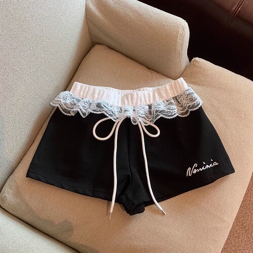 Sweet and Spicy Girl Red Low-Waist Splicing Lace Edge Casual Pants for Women Summer Fashion Versatile Casual Pencil Skirt Shorts