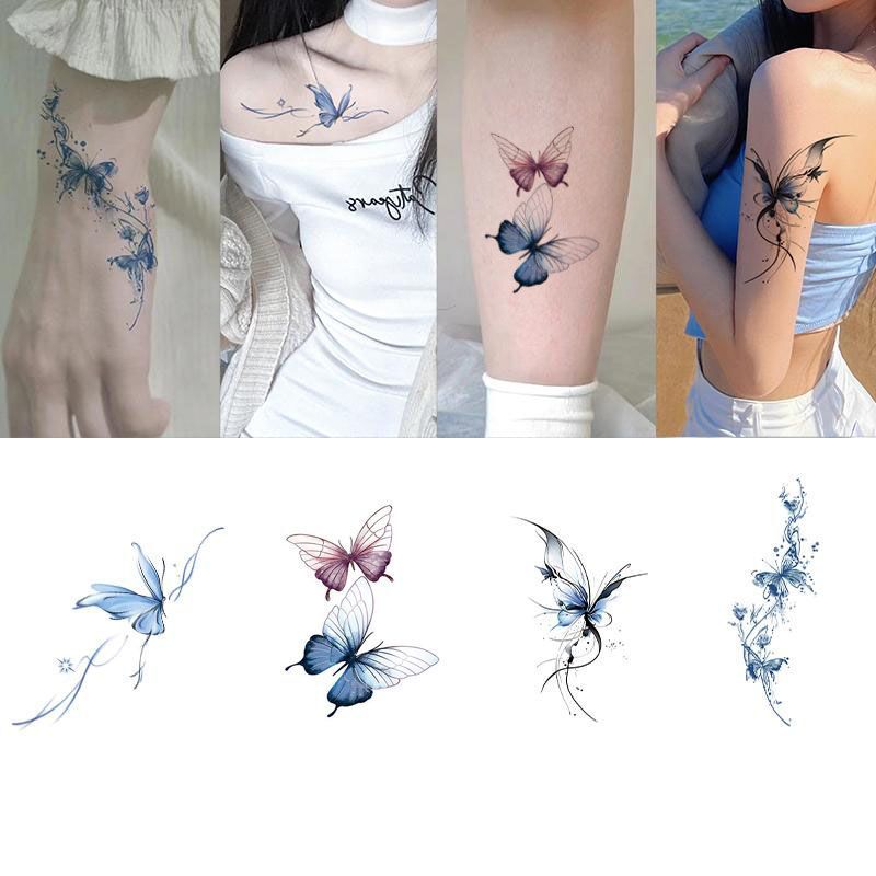Blue Butterfly Tattoo Stickers, Waterproof, Long-Lasting, Washable, High Aesthetic Value, Fresh and Stylish, for Girls, Non-Reflective on Wrist and Collarbone