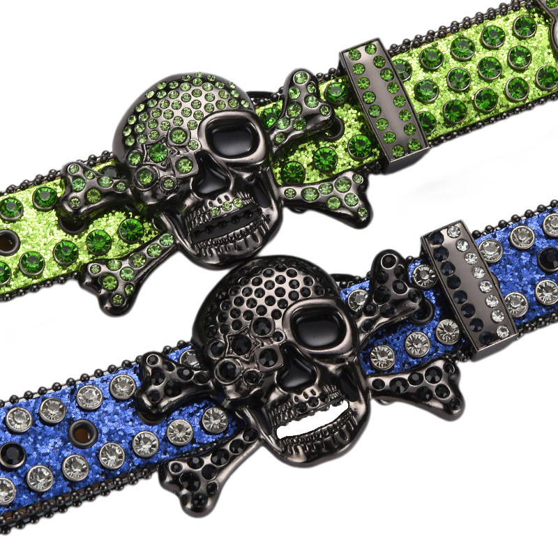 Hoogwaardige acryl lederen herenaccessoires Groothandel jeans Dames schedel riem strass kruis_voghion.com