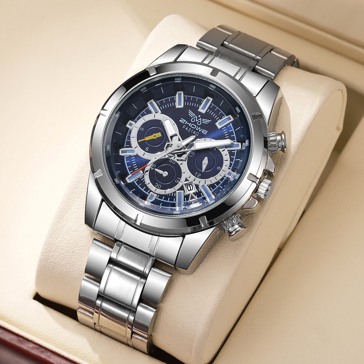 AliExpress foreign trade new fashion business alloy steel belt silver calendar scale three eyes men's quartz watch