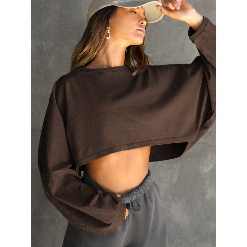 2025 Amazon Independent Site Cross-Border Cropped Round Neck Sweatshirt Short Sports Base Shirt Knit Top