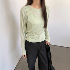 6UP韓系早春假兩件天絲T恤長袖廣州13行新款鬆弛慵懶上衣女91129S