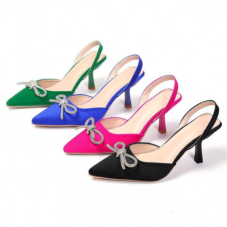 Cross-border plus-size stiletto casual shoes for women, 2026 summer new style, bowknot rhinestone cat-heel high-heeled sandals for women
