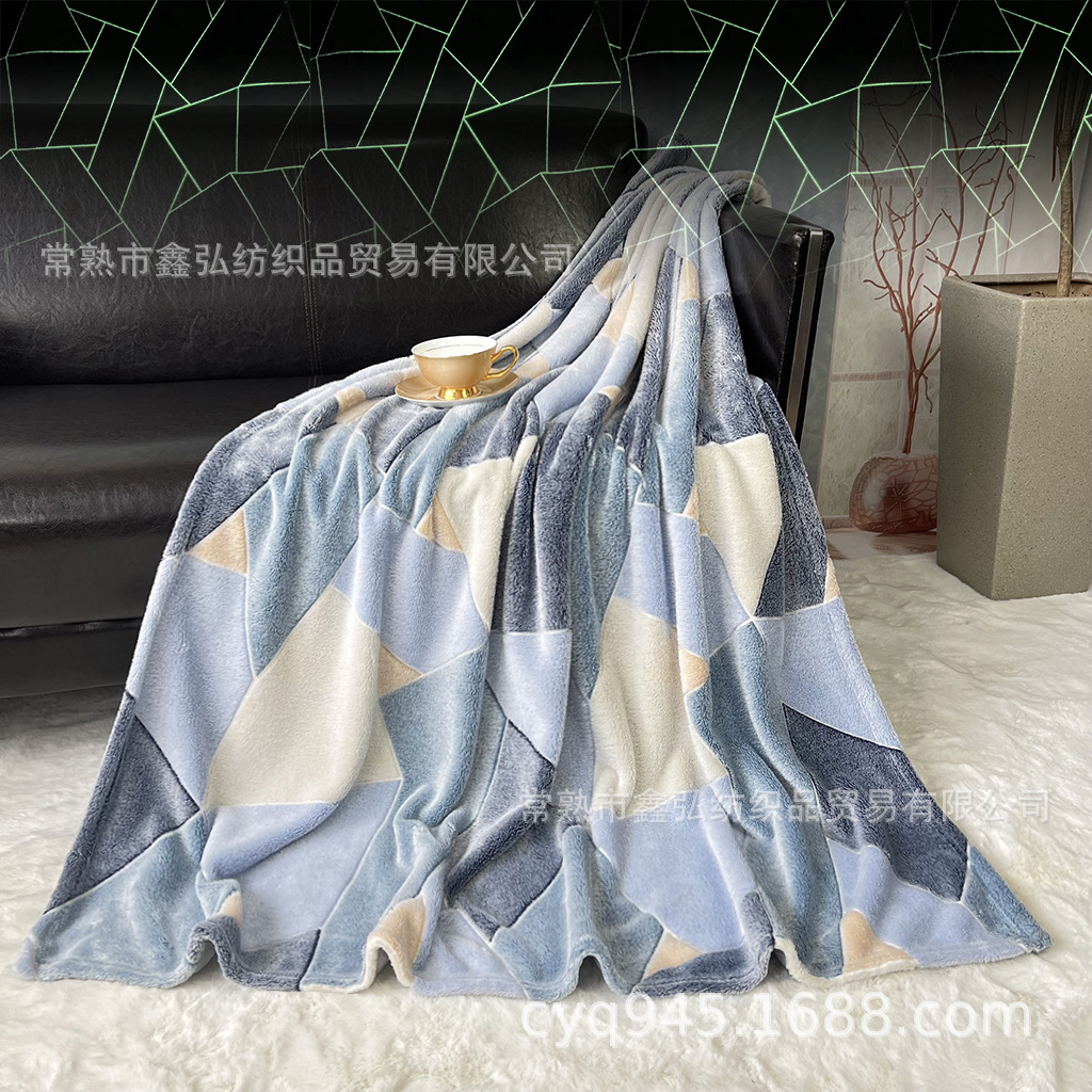 双面夜光法兰绒毛毯不规则菱形胶印珊瑚绒荧光毯家纺布料几何印花